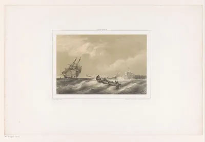 Zeilschip en roeiboot op zee