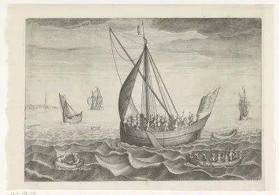 Zeilschip en sloep met soldaten