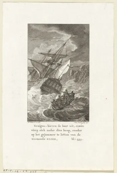 Zeilschip en sloep op zee bij storm