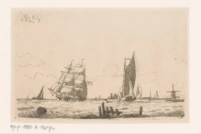 Zeilschip en vissersboten op het water bij Zierikzee