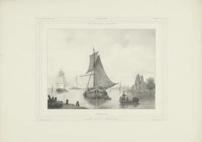Zeilschip in een haven met ruïne