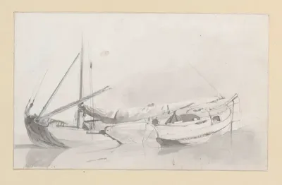 Zeilschip met sloep langszij