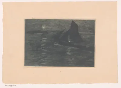 Zeilschip nabij de kust in het donker