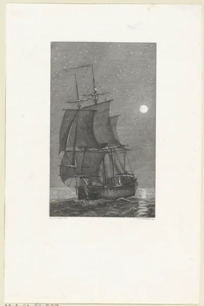 Zeilschip op kalme zee onder de sterrenhemel