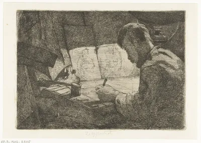 Zelfportret achter de tekentafel