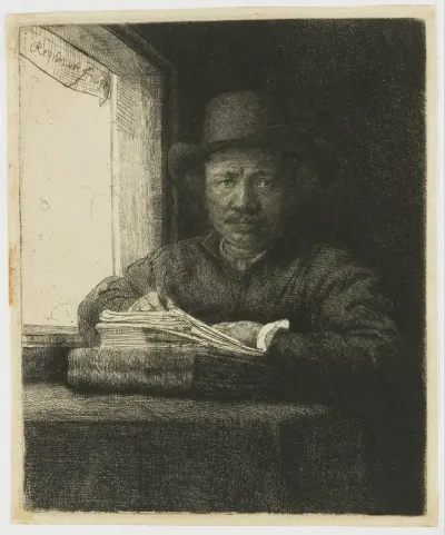 Zelfportret etsend bij een raam