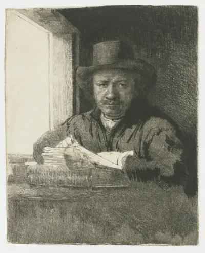 Zelfportret etsend bij een raam