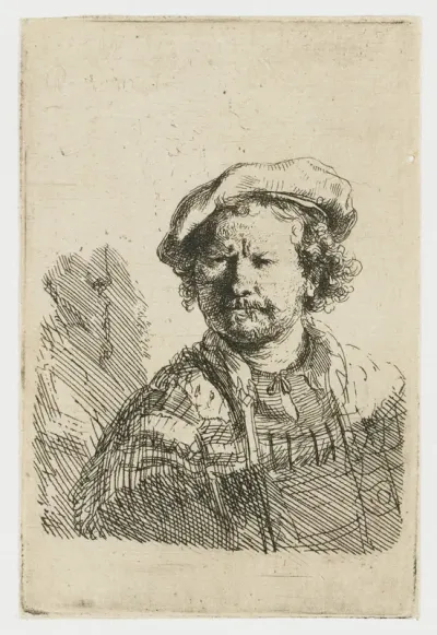 Zelfportret met baret en bewerkte mantel