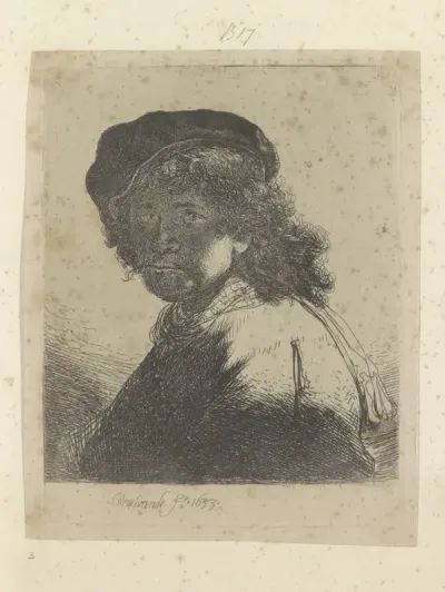 Zelfportret met baret en halsdoek, het gezicht in de schaduw