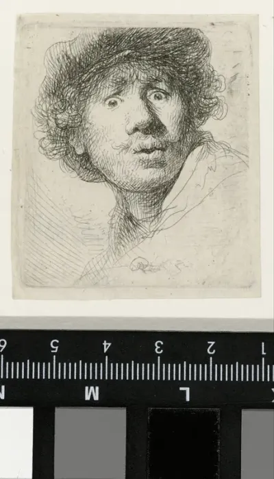 Zelfportret met baret, wijd open ogen en open mond