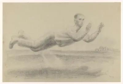Zelfportret met geheven handen zwevend in een landschap