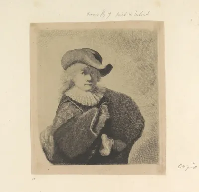 Zelfportret met hoed met slappe rand en geborduurde mantel
