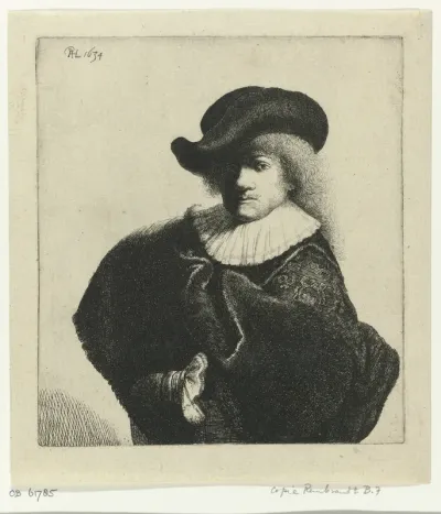 Zelfportret met hoed met slappe rand en geborduurde mantel