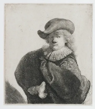 Zelfportret met hoed met slappe rand en geborduurde mantel