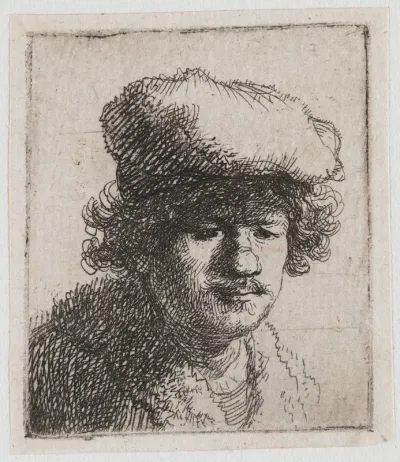 Zelfportret met naar voren getrokken baret