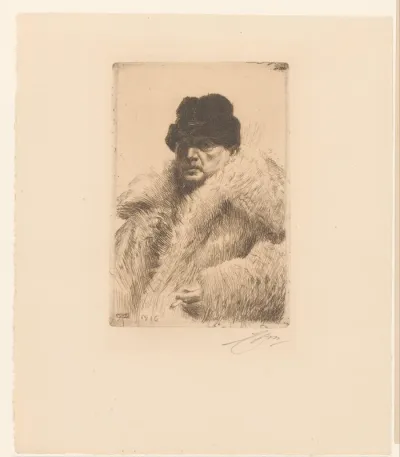 Zelfportret met pels en muts