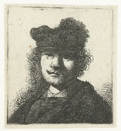 Zelfportret met pet en donkere mantel