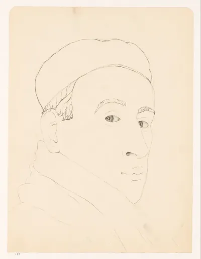 Zelfportret met pet in lineaire stijl