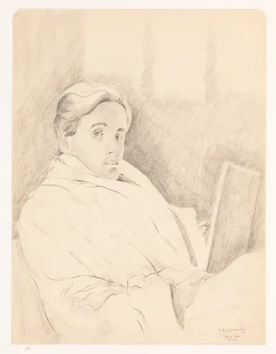 Zelfportret met schetsblok op schoot: B-1-1, 22 februari
