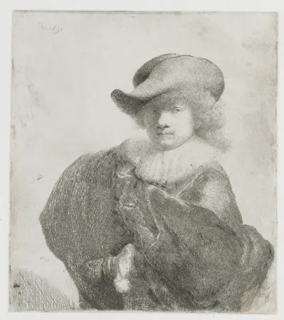Zelfportret met slappe hoed en bewerkte mantel