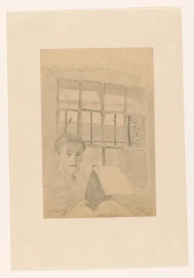 Zelfportret met zijn schetsboek in de dodencel: B-1-1, 10 januari