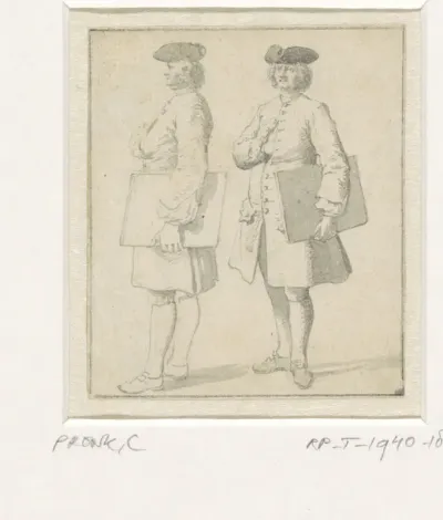 Zelfportret staande met portefeuille, twee maal