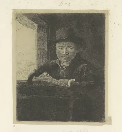 Zelfportret, tekenend aan een venster