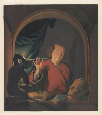 Zelfportret van de kunstenaar, gezien achter een venster