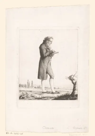 Zelfportret van Dominique Vivant Denon tekenend in een landschap