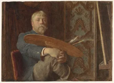 Zelfportret van Edward John Gregory, met palet en penselen, zittend voor de ezel