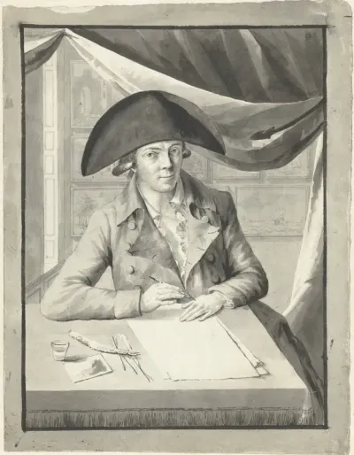 Zelfportret van Hendrik Kuipers, zittend achter een tafel, tekenend