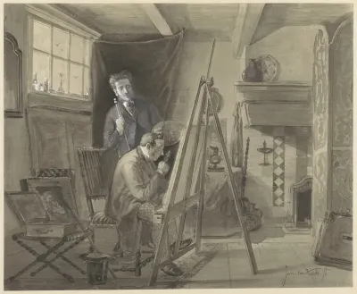 Zelfportret van Johannes Marius van Kate, staande in zijn atelier met een bezoeker