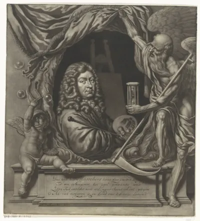 Zelfportret van Michiel van Musscher in allegorische omlijsting