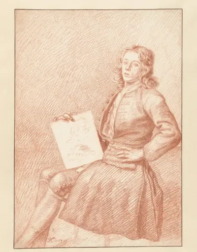 Zelfportret van Philippus Endlich, zittend met een schetsboek op de knie