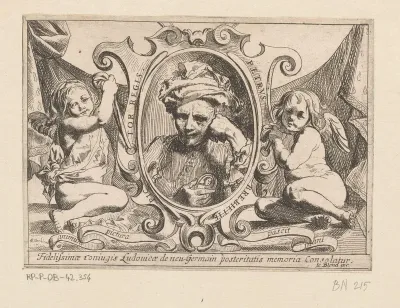 Zelfportret van Pierre Brebiette in een lijst opgehouden door putti