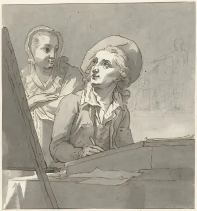 Zelfportret van Taco Scheltema (?), met achter zijn stoel een jonge vrouw