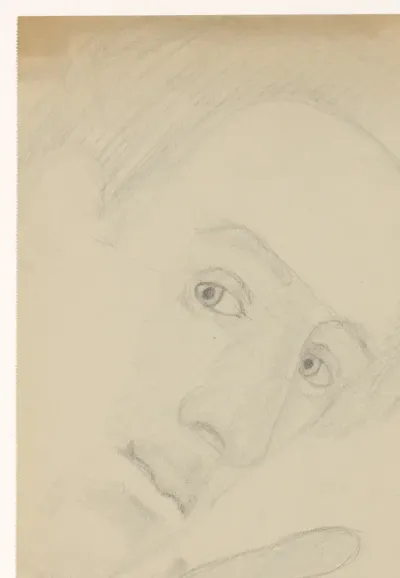 Zelfportret, voorovergebogen met hand op schrift