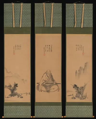 Zen Master with Meditation Staff, and Chinese-Style Landscapes