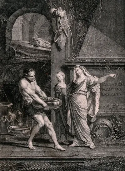 Zenobia, ruler of the Palmyrene empire, is besieged in Antioch by the Roman emperor Aurelian, and gives orders for the moving of her treasure: a man carrying a large vessel filled with coins carries it past the tomb of Odenathus