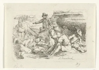 Zes bedelaars bij een fontein