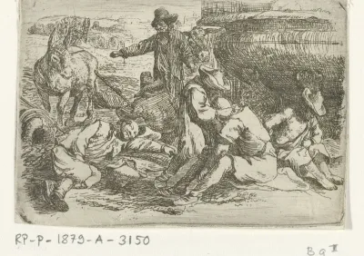 Zes bedelaars bij een fontein