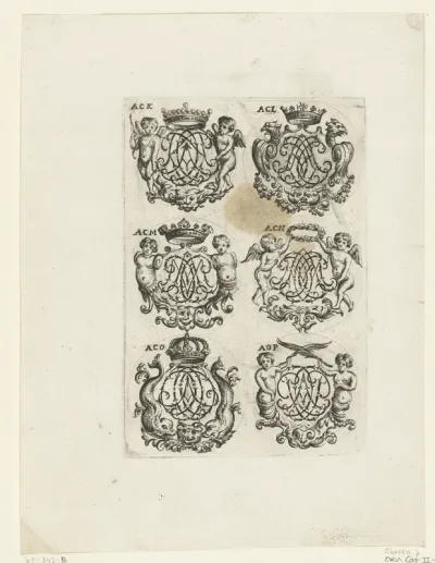 Zes bekroonde cartouches met lettermonogrammen (ACK-AOP)