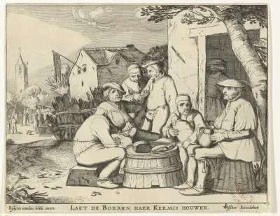 Zes boeren zittend rond een ton bij een herberg
