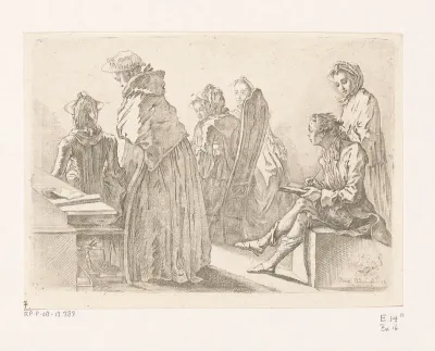 Zes dames met de kunstenaar in zijn kamer