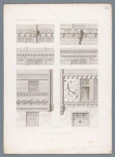 Zes details van architecturale decoraties van een huis in het kanton Bern