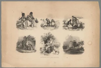 Zes diverse voorstellingen met figuren in een landschap