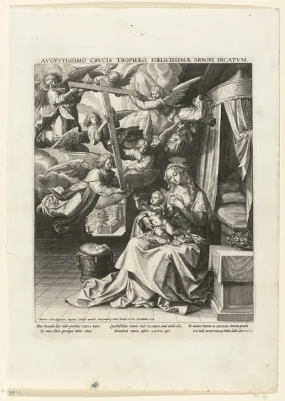 Zes engelen brengen het kruis naar Maria en het Christuskind