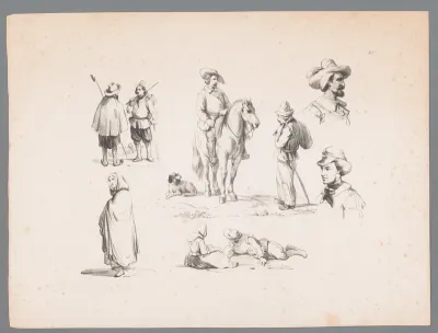 Zes figuurstudies met onder andere twee herders en een ruiter