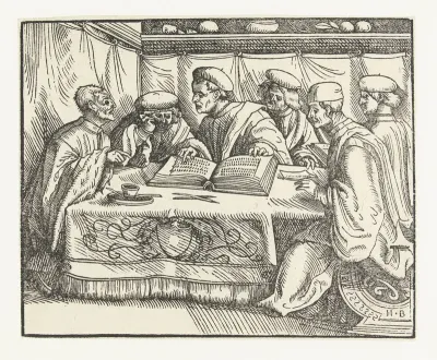 Zes geleerden zitten rond een tafel