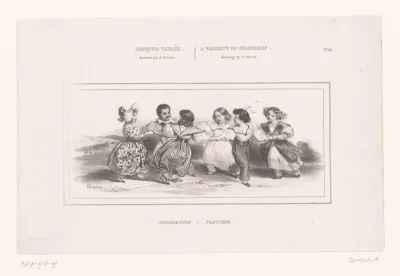 Zes kinderen dansen in een kring